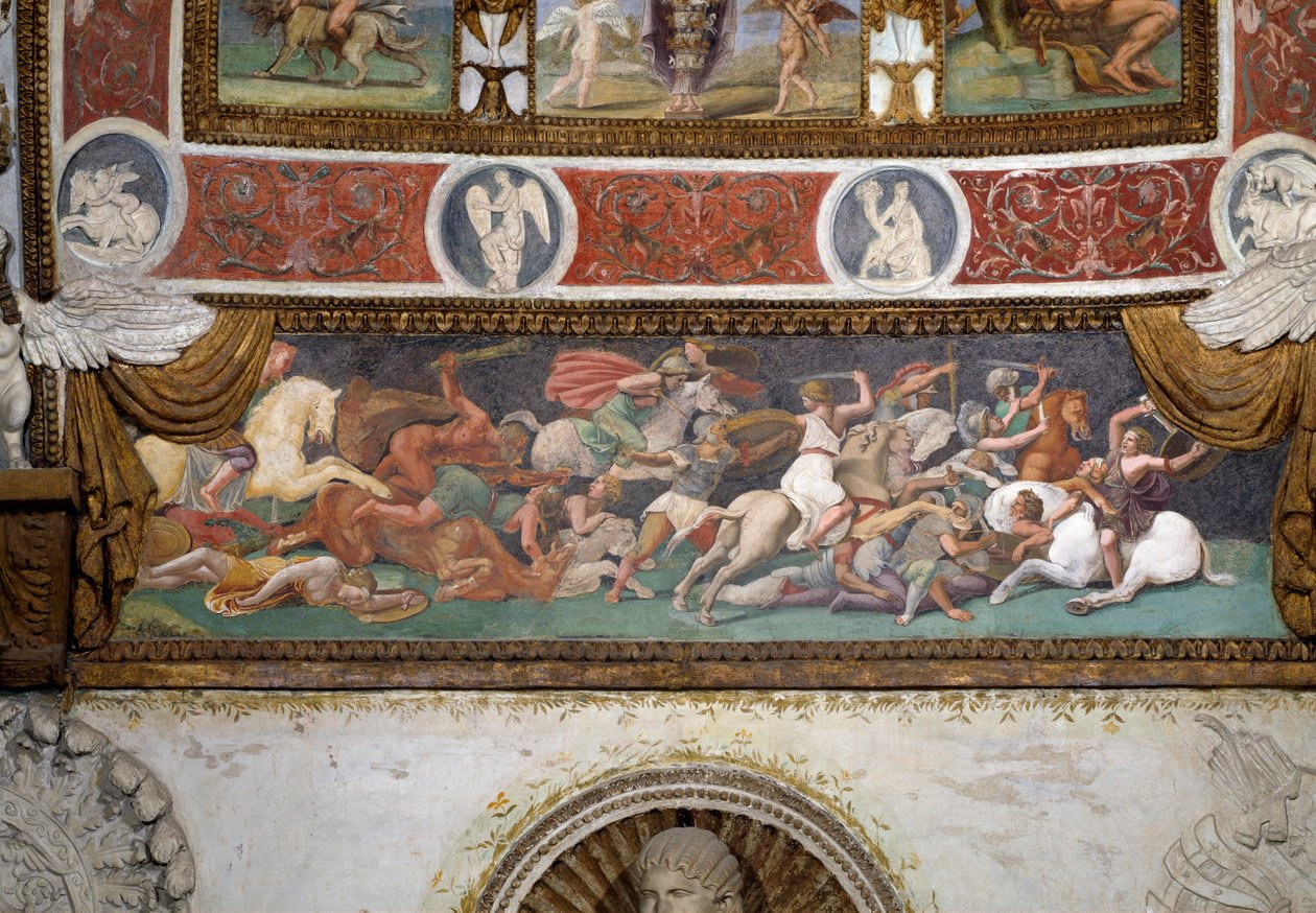 Camera delle Aquile, Yunanlılar ve Amazonlar arasındaki savaşı betimleyen frizden detay, 1528 fresk by Giulio Romano