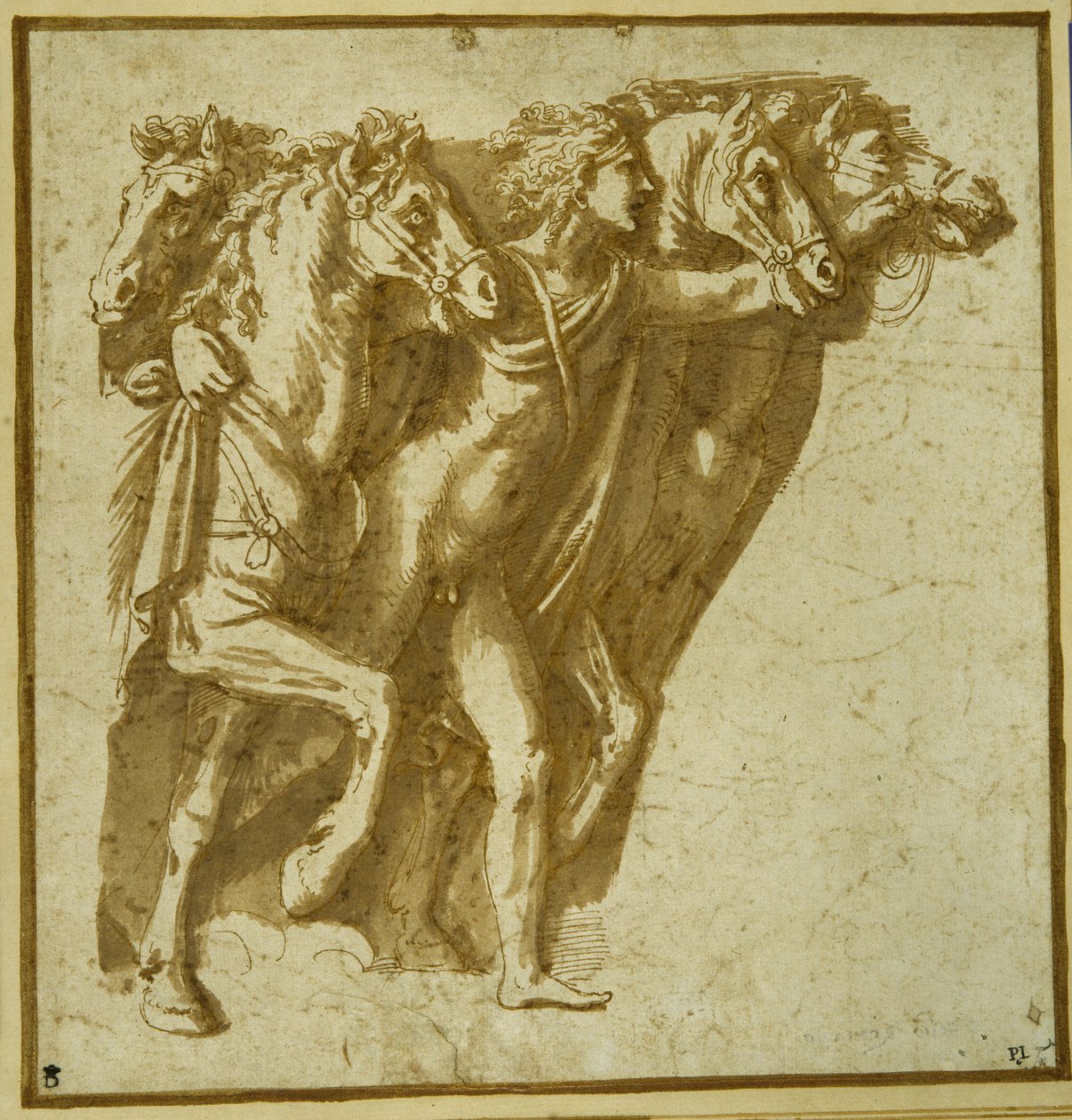 Şafak: Güneşin Atları ile Apollo (kağıt üzerinde yıkama ile kalem ve kahverengi mürekkep) by Giulio Romano