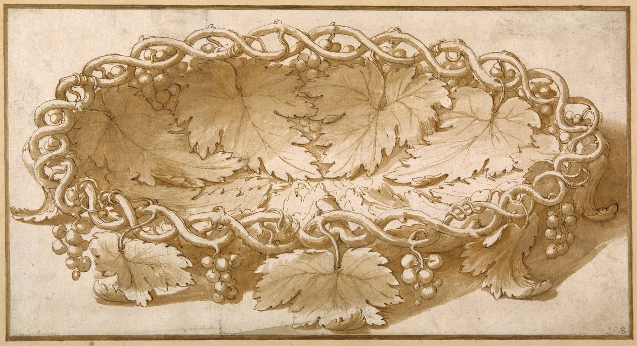 Asma dalları, yaprakları ve üzümleri olan oval bir meyve kasesi için tasarım (kağıt üzerinde kahverengi yıkama ile kalem ve kahverengi mürekkep) by Giulio Romano