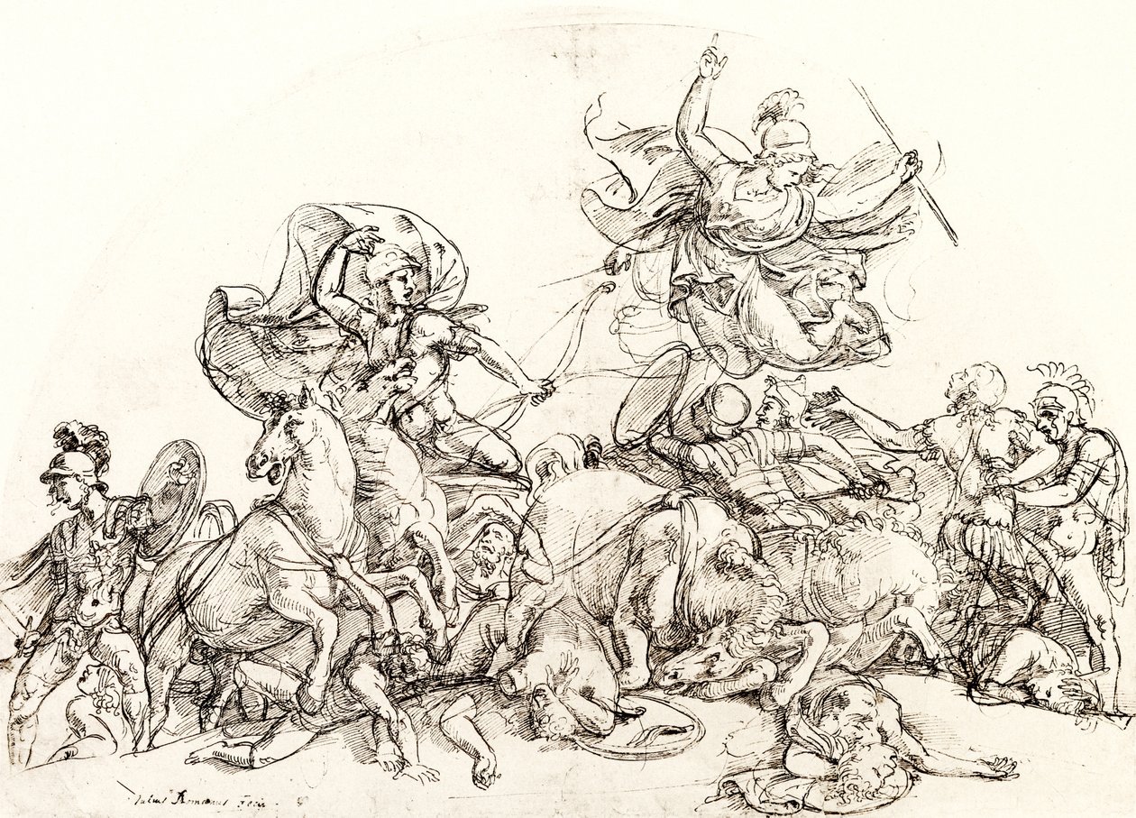 Pandarus tarafından yaralanan Diomedes, Pallas Athene tarafından teselli edilir by Giulio Romano