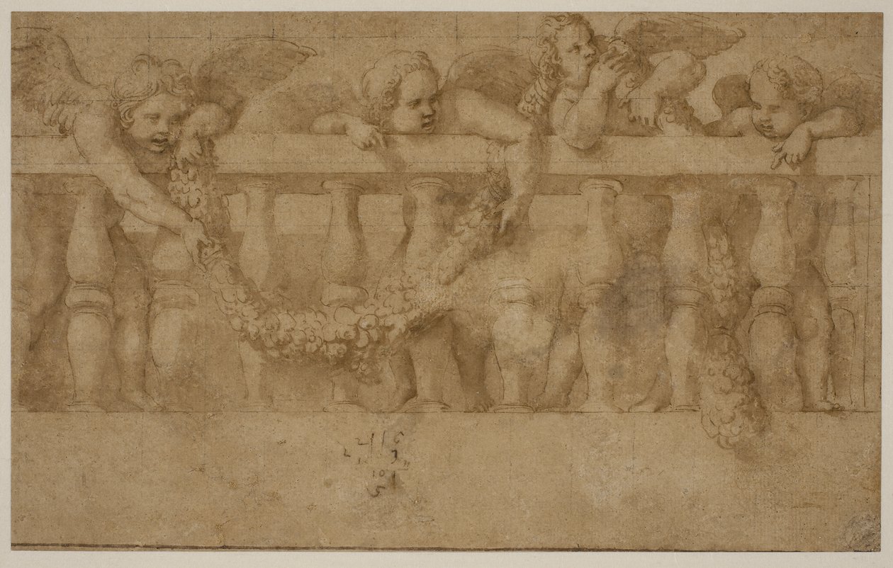 Çelenklerle bir korkuluk süsleyen dört kanatlı putti by Giulio Romano