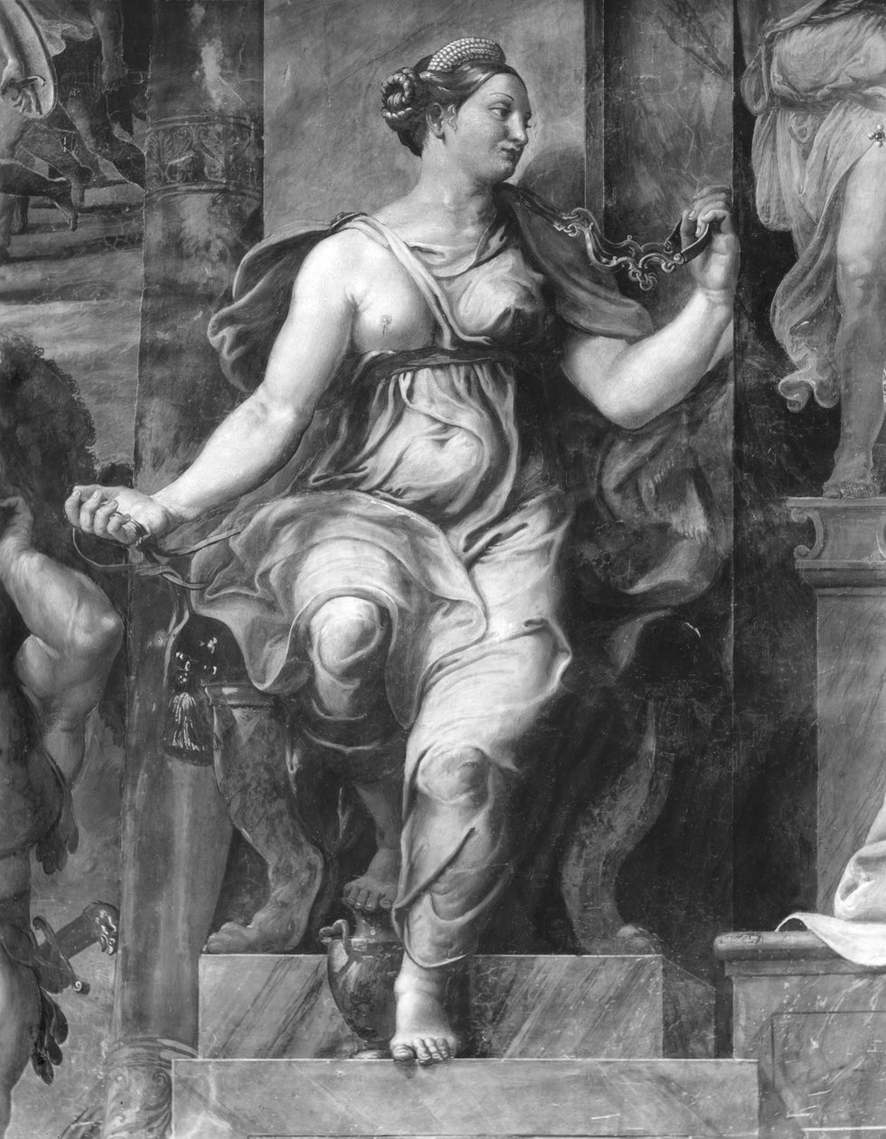 Ilımlılık, Papa I. Clement (1-97) Raphael Odalarını çevreleyen iki Erdemden biri (detay) (ayrıca bkz. 252786, 252788, 252789) by Giulio Romano