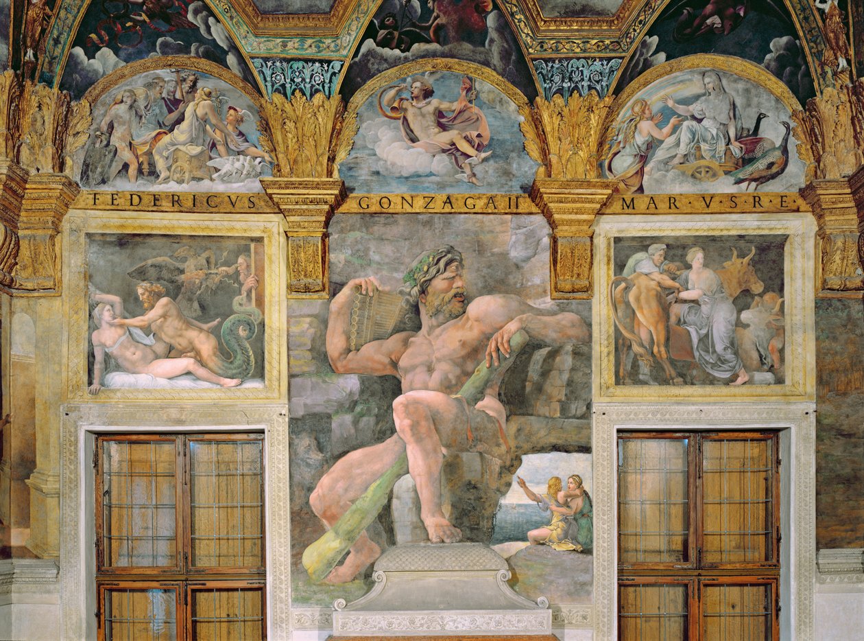 Jüpiter tarafından baştan çıkarılan Olympia, Acis ve Galatea'yı koruyan Polyphemus, Sala di Amore e Psyche'den Daedalus tarafından inşa edilen ineğe giren Pasiphae by Giulio Romano