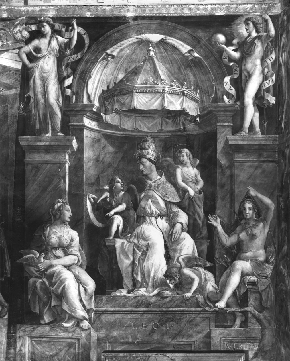 Papa I. Leo Büyük (c.390-461) iki Erdem arasında, Raphael Odaları (ayrıca bkz. 252780 ve 252781) by Giulio Romano