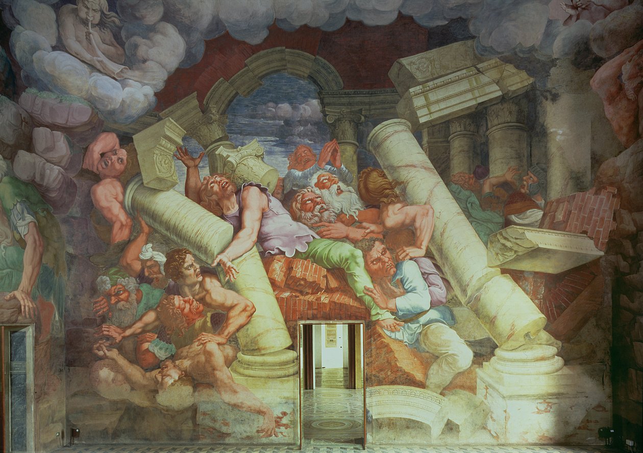 Sala dei Giganti, devlerin Jüpiter yıldırımları tarafından yok edilmesinin detayı, 1536 fresk detay için bkz. 78488 by Giulio Romano