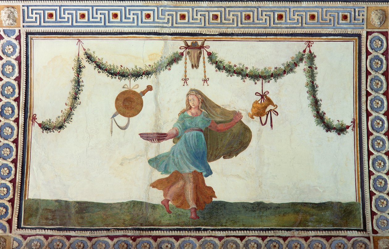 Cupid Frizinin Camera con Fregio di Amorini Odası, bir kase tutan bir kadını tasvir eden tavanın detayı, 1520