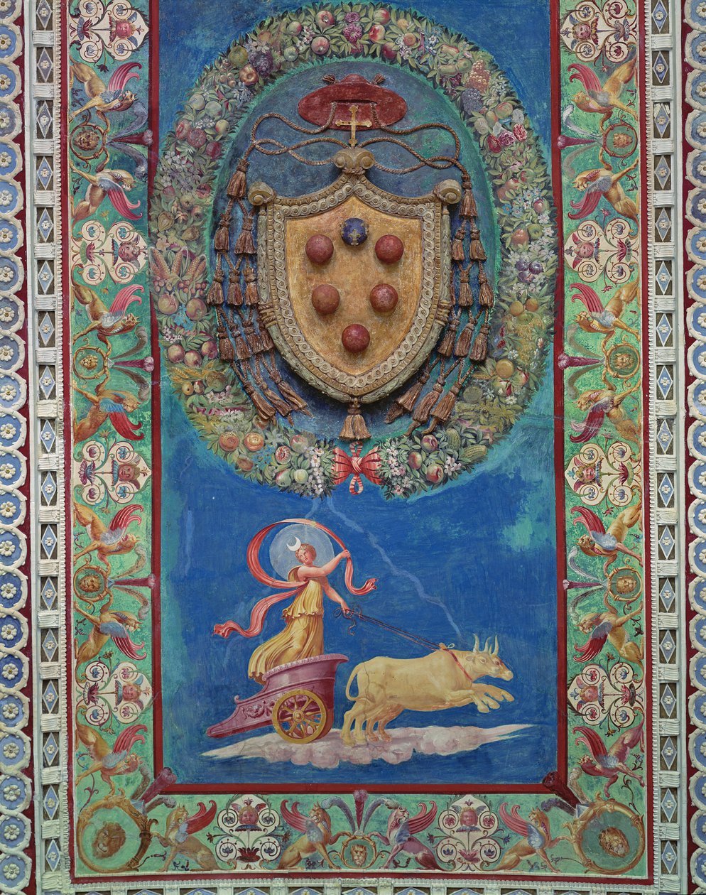 Cupid Frizinin Camera con Fregio di Amorini Odası, Medici armasının bir kabartması ve gece alegorisiyle süslenmiş tavanın orta alanının detayı, 1520
