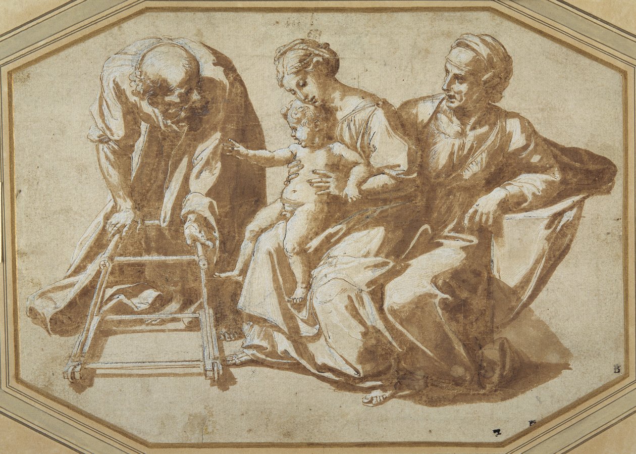 Kutsal Aile ve Aziz Anne, Mesih Çocukla birlikte yürümeyi öğretecek by Giulio Romano