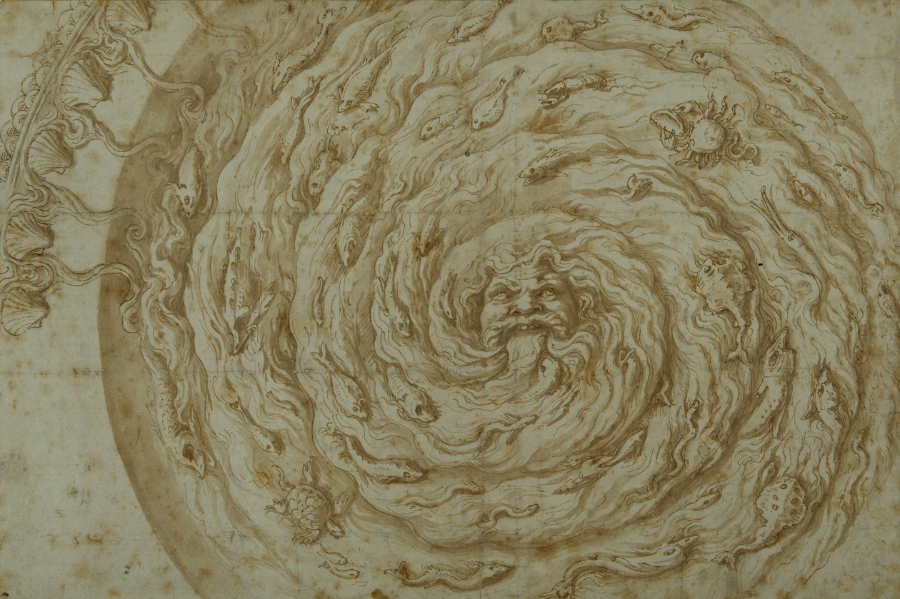 The Stream Oceanus (kağıt üzerinde yıkanmış kalem ve kahverengi mürekkep) by Giulio Romano