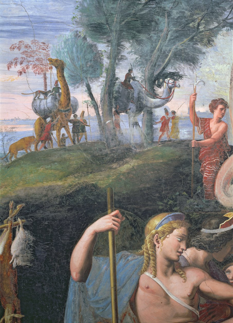 Cupid ve Psyche'nin evliliğini kutlayan asil ziyafet, Sala di Amore e Psiche'den arka planda bir egzotik hayvan alayı ile Apollo'nun başını gösteren detay, 1528 by Giulio Romano