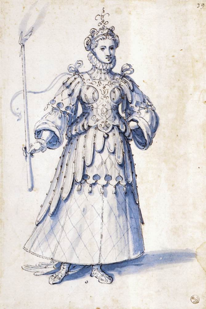 Meşaleli bir kadın figürünün kostüm çizimi by Giuseppe Arcimboldo