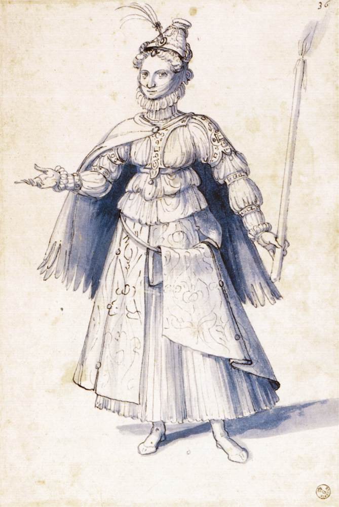 Bir meşale taşıyan bir kadının kostüm çizimi by Giuseppe Arcimboldo