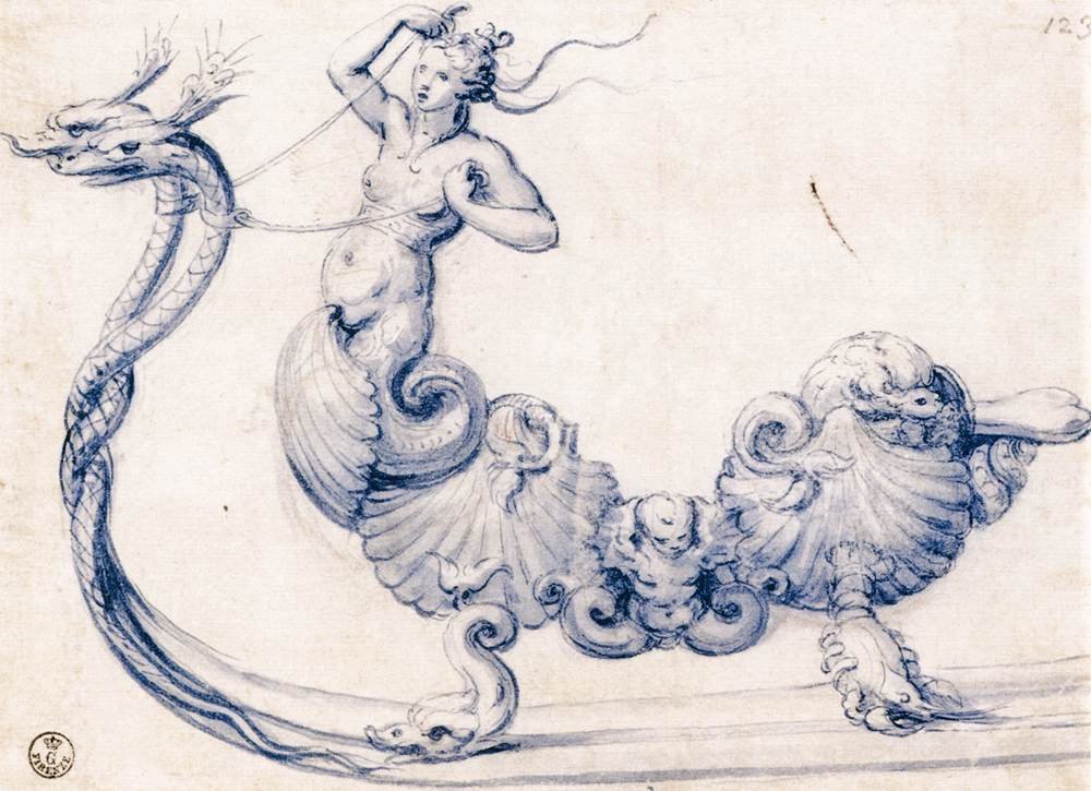 Siren figürlü bir kızak için kroki by Giuseppe Arcimboldo