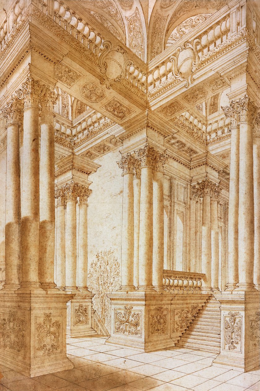 Mimari Çalışma (kağıt üzerinde kahverengi yıkama ile kalem ve kahverengi mürekkep) by Giuseppe Bibiena