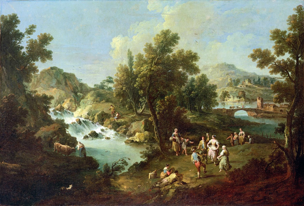 Nehir ve Dans Eden Köylülerle Manzara by Giuseppe Zais