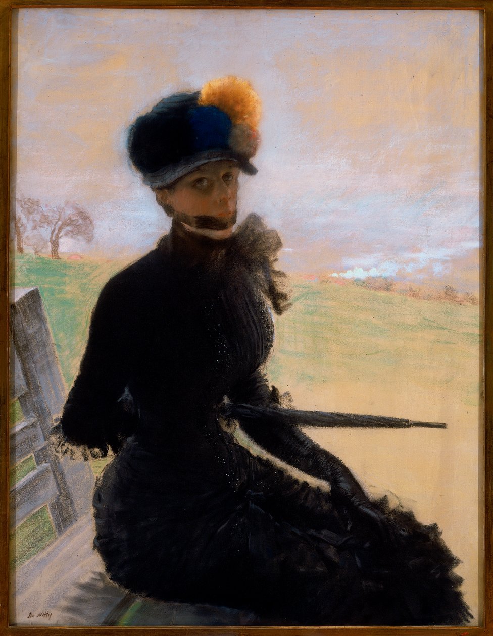 Bir bankta oturan bir kadının portre resmi by Giuseppe de Nittis