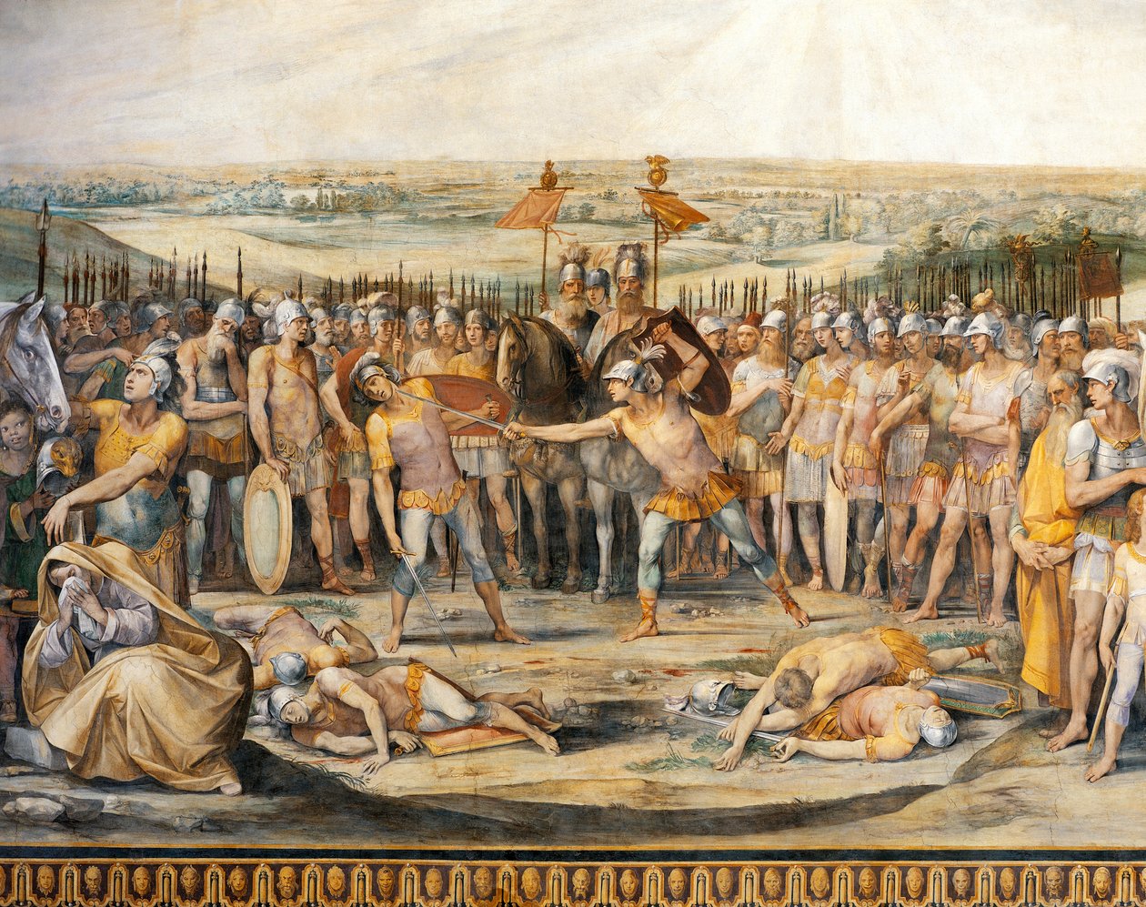 Horatii ve Curiatii arasındaki savaş, Giuseppe Cesari (1568-1640), fresk, Horatii ve Curiatii Salonu, Konservatuar Sarayı, Roma, Roma Krallığı, İtalya by Giuseppe Cesari