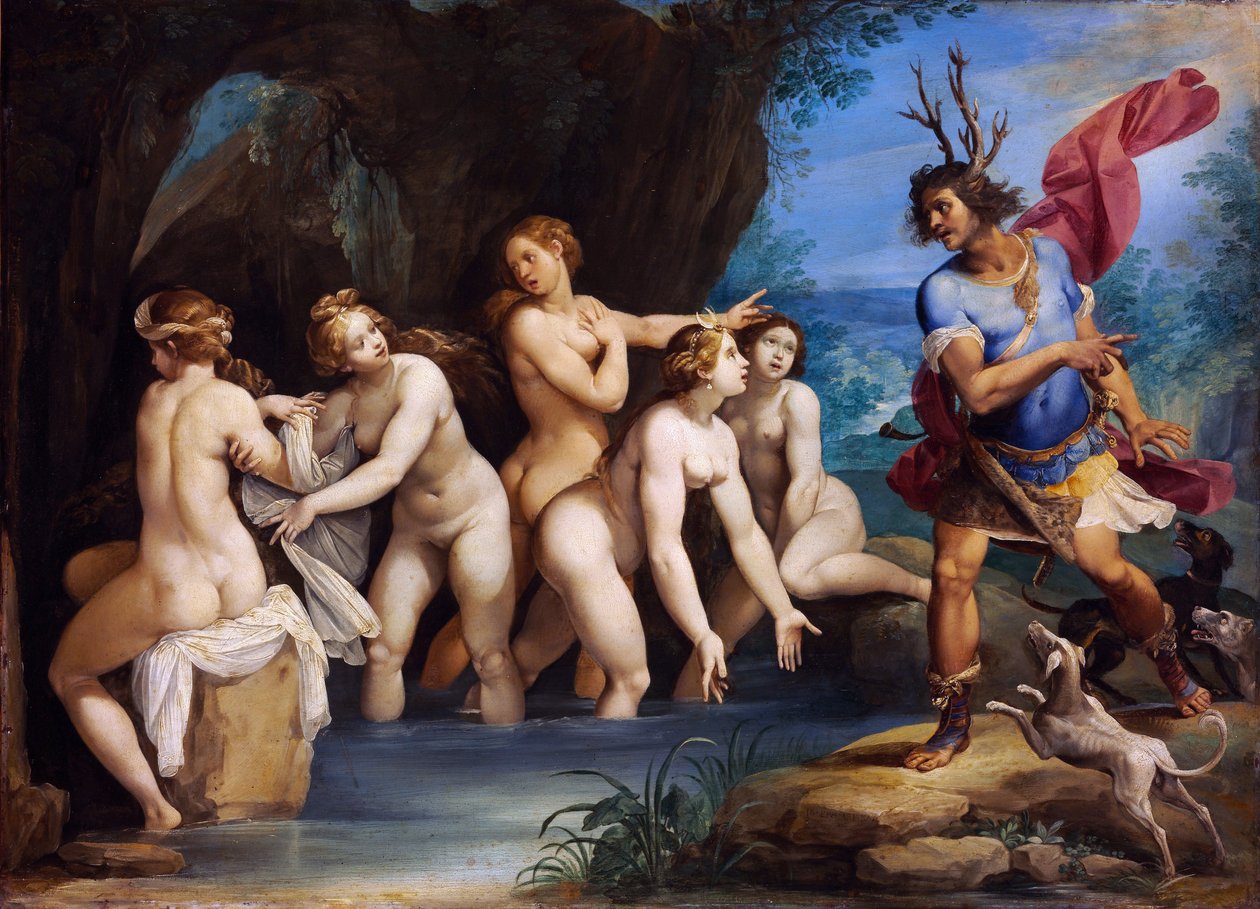 Diana ve Actaeon - Boyama Giuseppe Cesari (1568-1640), bakır üzerine yağlı boya, yaklaşık 1604, 50x69 cm - Diana ve Actaeon, Bakır üzerine yağlıboya, Giuseppe Cesari - Szepmuveszeti Muzeum, Budapeşte by Giuseppe Cesari