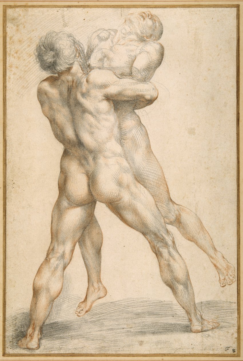 Antaeus ile güreşen Herkül (beyaz kağıt üzerinde siyah ve kırmızı tebeşirler) by Giuseppe Cesari