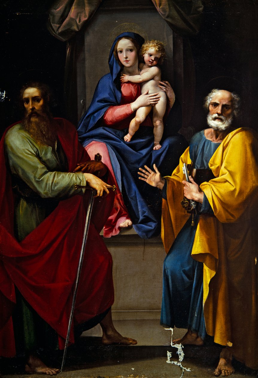 Madonna ve Çocuk, Aziz Paul ve Aziz Petrus#39;la (tuval üzerine yağlıboya) by Giuseppe (1568 1640) Cesari