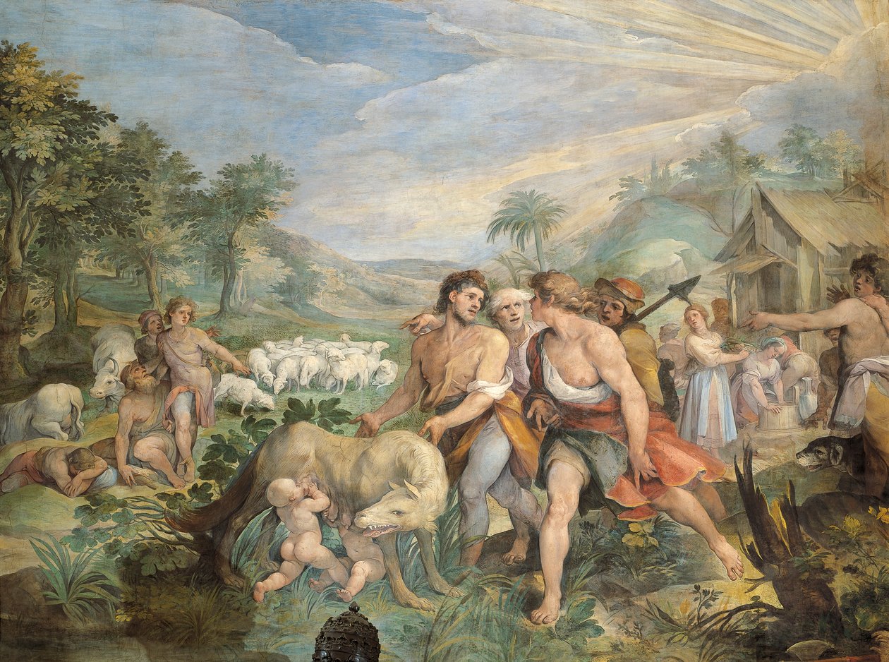 Kurt tarafından emzirilen Romulus ve Remus, Faustulus tarafından Tiber kıyısında, Giuseppe Cesari (1568-1640), fresk, Horatii ve Curiatii Salonu, Konservatuar Sarayı, Roma, Roma Krallığı, İtalya by Giuseppe Cesari