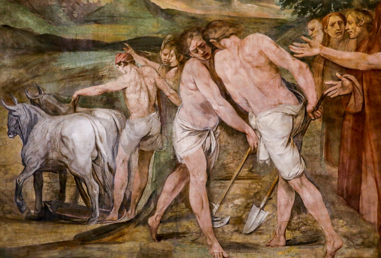 Romulus, gelecekteki Roma şehri etrafındaki sınır çizgisini sürüyor (detay) by Giuseppe Cesari