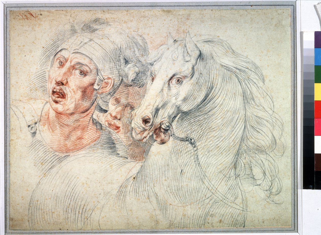 At ve İki Asker Çalışması. Sanguine Giuseppe Cesari (1568-1640) 17. yüzyıl Puşkin Müzesi, Moskova by Giuseppe Cesari