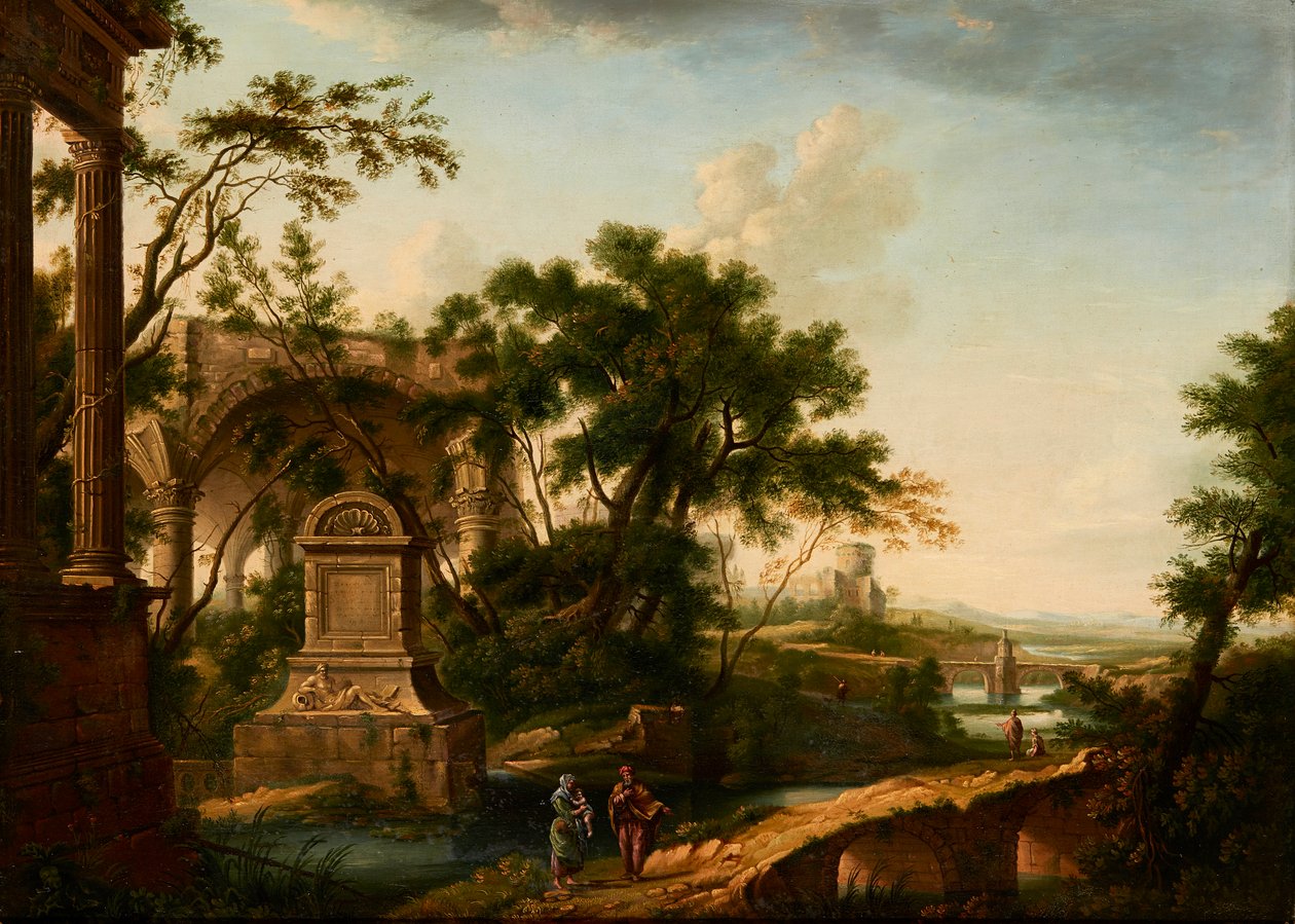 Harabelerden Figürlerle Klasik Bir Manzara (tuval üzerine yağlı boya) by Giuseppe (manner of) Zais
