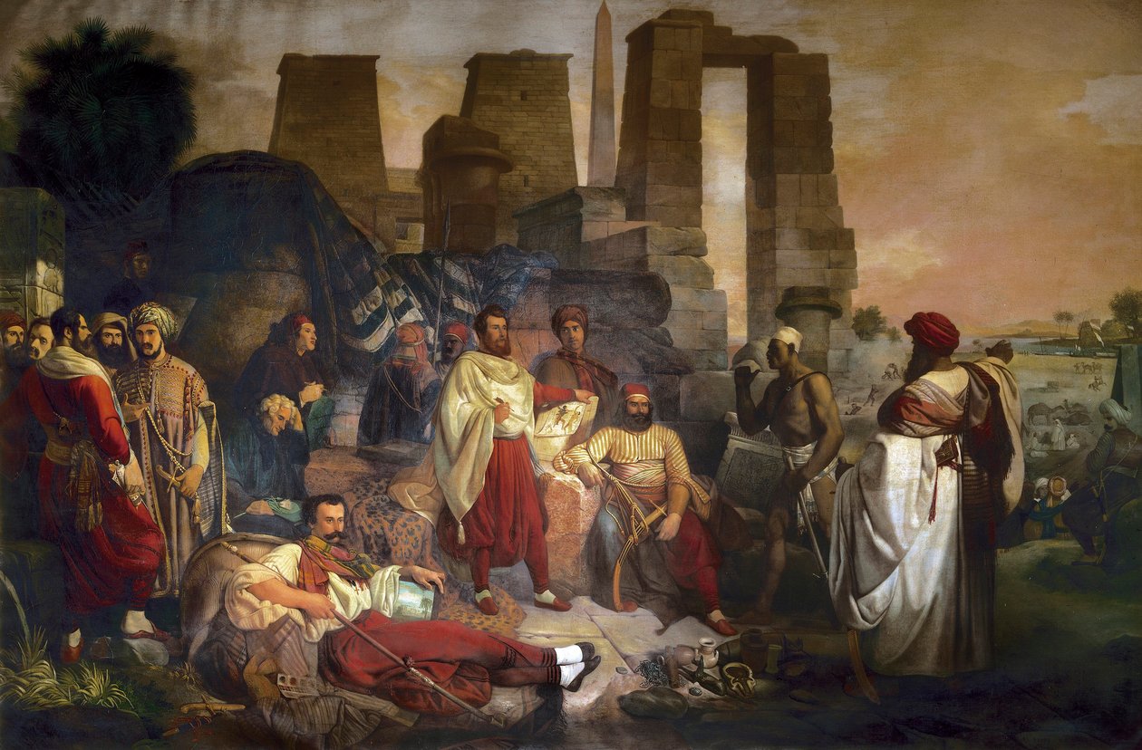 Ippolito Rosellini ve Gaetano Rossellini ile çevrili merkezde oturan Mısırbilimci Jean Francois Champollion by Giuseppe Angelelli