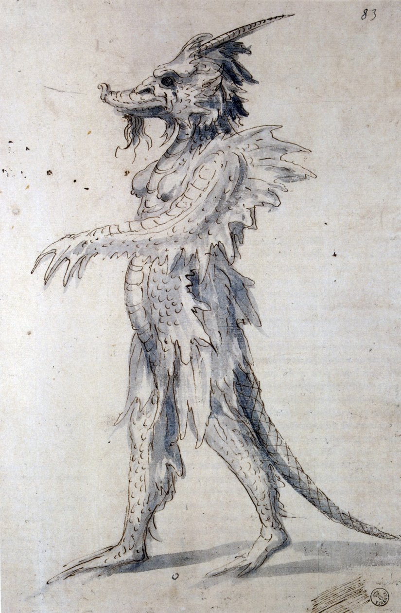 Bir ejderha için tasarım (kalem, mavi mürekkep ve kağıt üzerine sulu boya) by Giuseppe Arcimboldo