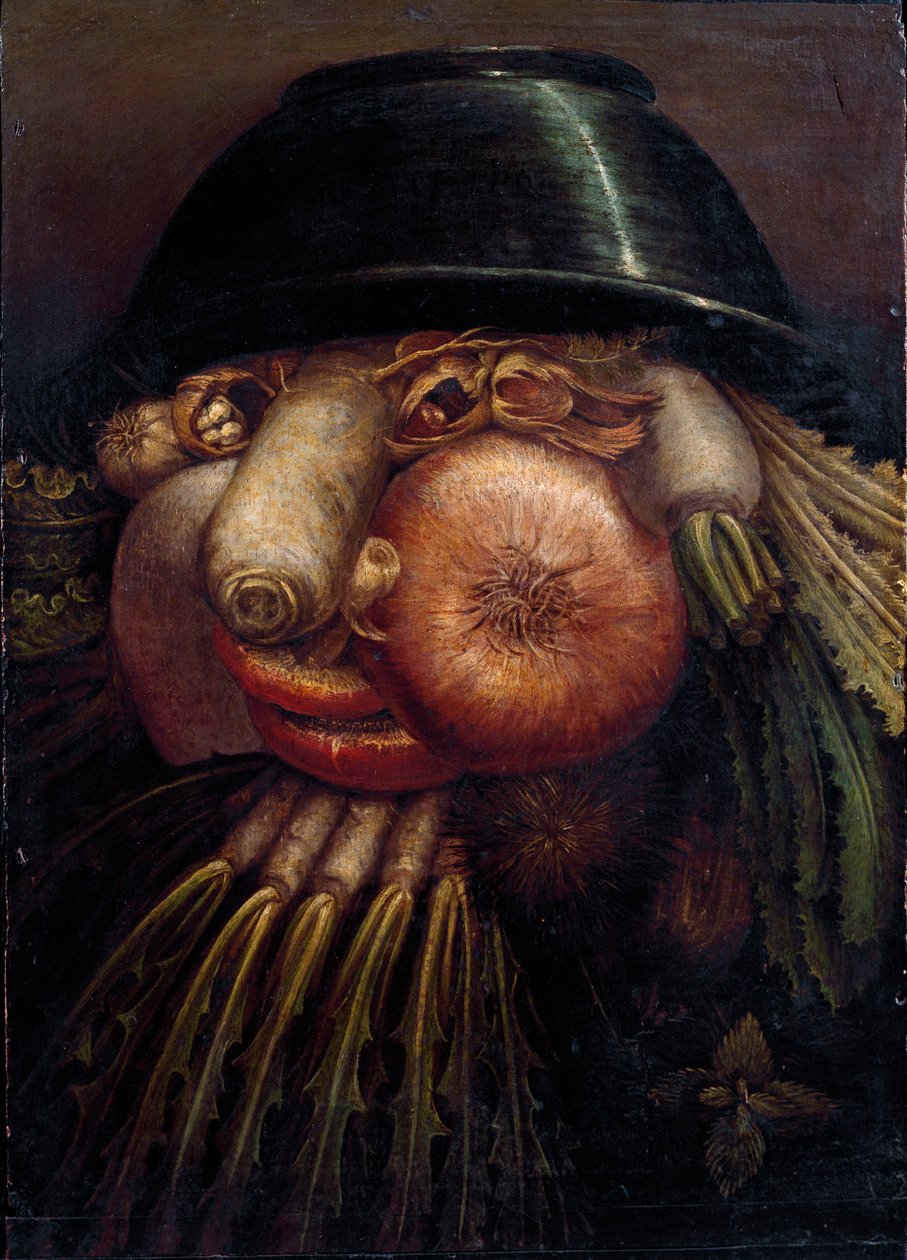 Sebzeli portre (Maraicher). Temsil edilen sebze ve meyveler arasında: fındık, turp, mantar, sarımsak, kestane, soğan, salata, fındık ve şalgam. Giuseppe Arcimboldi (Arcimboldo) (1527-1593) tarafından yapılan resim Cremona, Pinacoteca Comunale by Giuseppe Arcimboldo