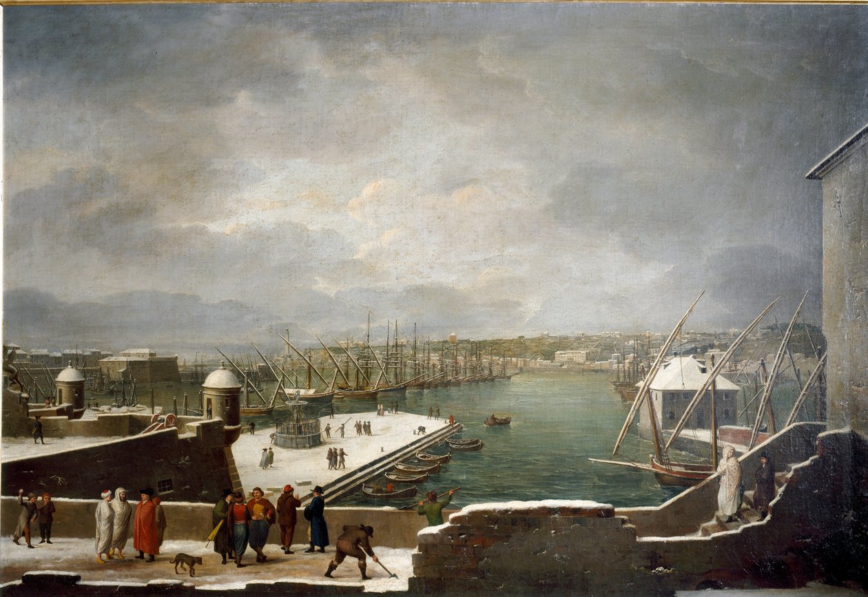 Karla kaplı Cenova limanının görünümü (tuval üzerine yağlı boya by Giuseppe Bacigalupo