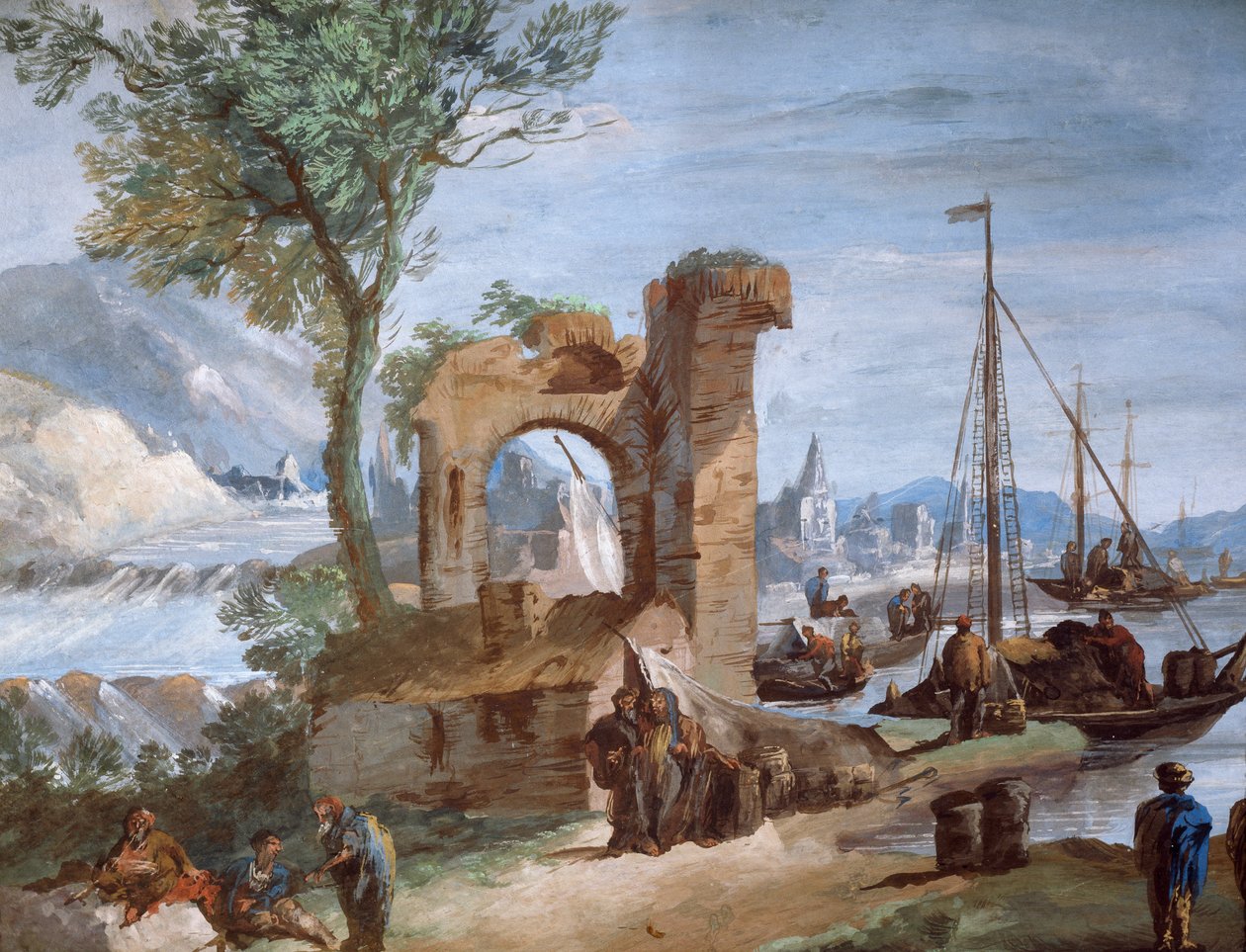 Hayali görünüm: Harabeler ve şelaleli liman, Giuseppe Bernardino Bison (1762-1844) by Giuseppe Bernardino Bison