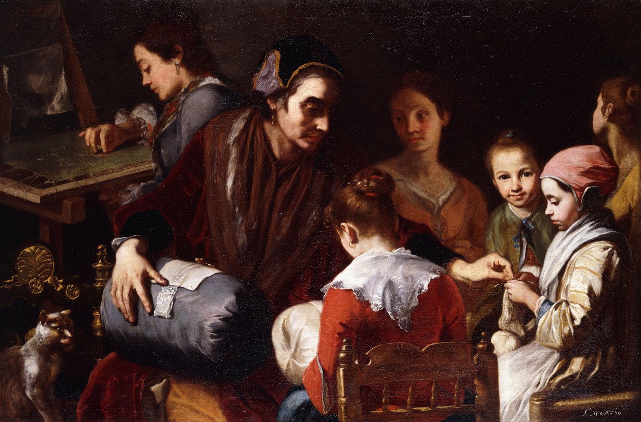 Kızlara bir terzi tarafından iğne işi öğretiliyor, by Giuseppe Bonito