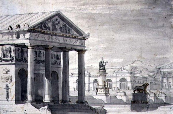 Neo-Klasik Sahne Seti, c.1825 (kağıt üzerine kalem & mürekkep ve sepya yıkama) by Giuseppe Borsato