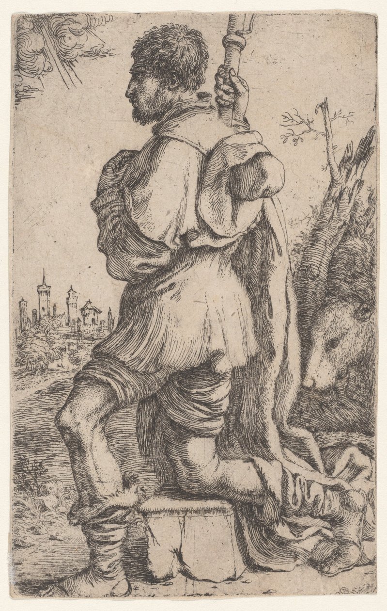 Aziz Roch, bir taşın üzerinde diz çökmüş, arkasında köpeğiyle yandan görülen..., 1620-30. by Giuseppe Caletti