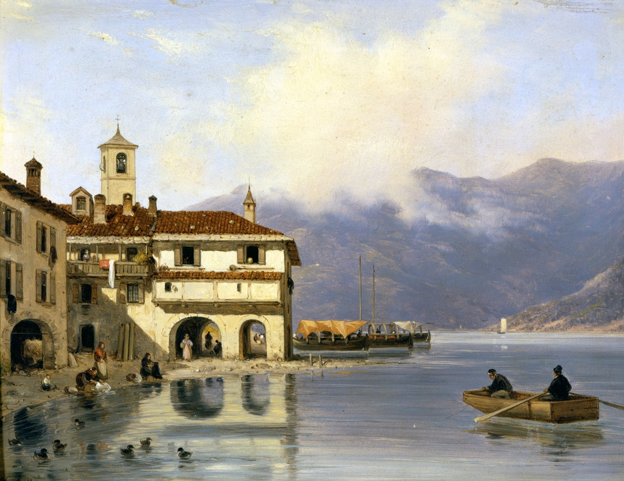Komo. Menaggio kıyısı ve limanı (1850). Canella'nın tablosu. Menaggio (Como). by Giuseppe Canella