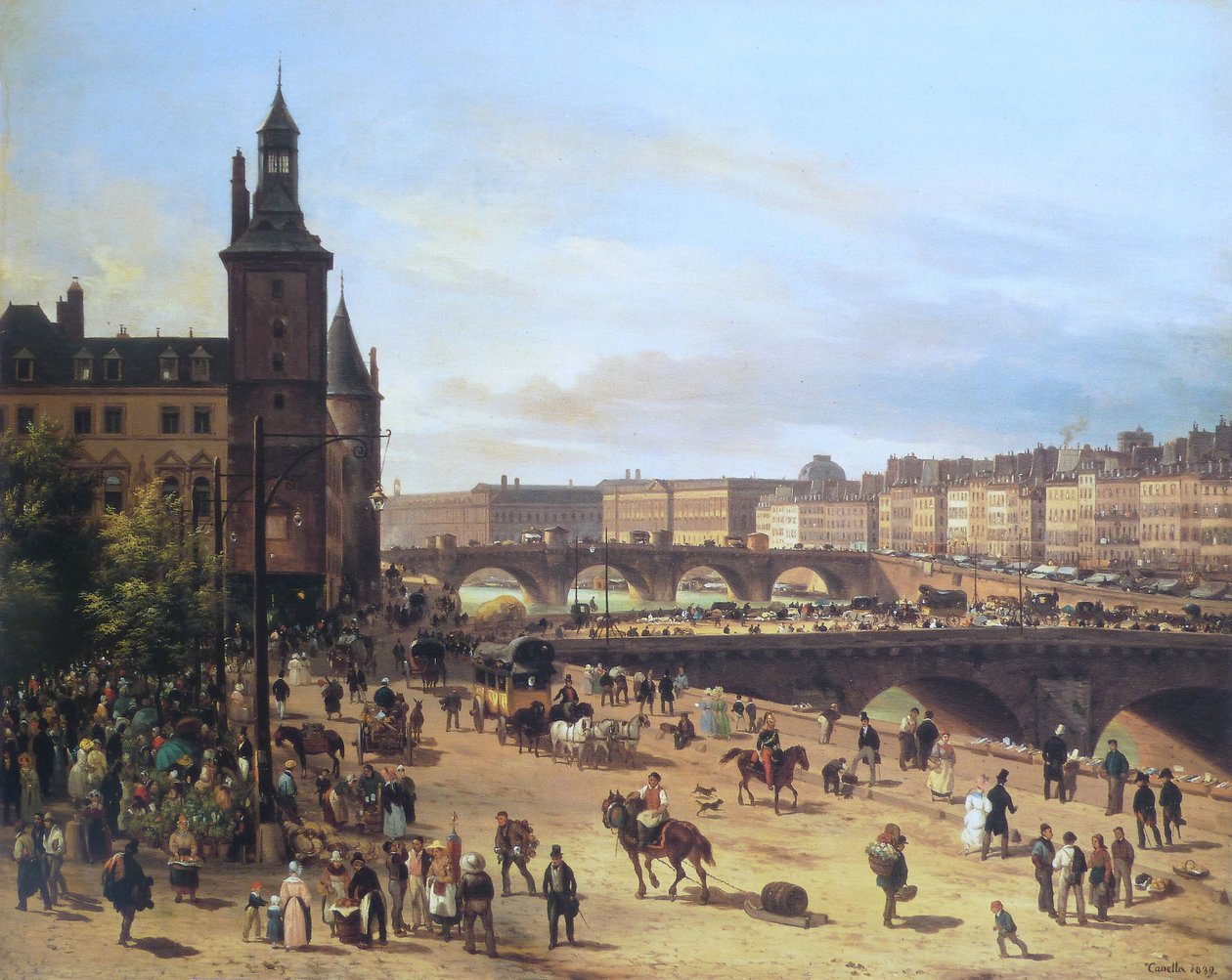Çiçek pazarı, Saat Kulesi, Pont au Change ve Pont Neuf by Giuseppe Canella