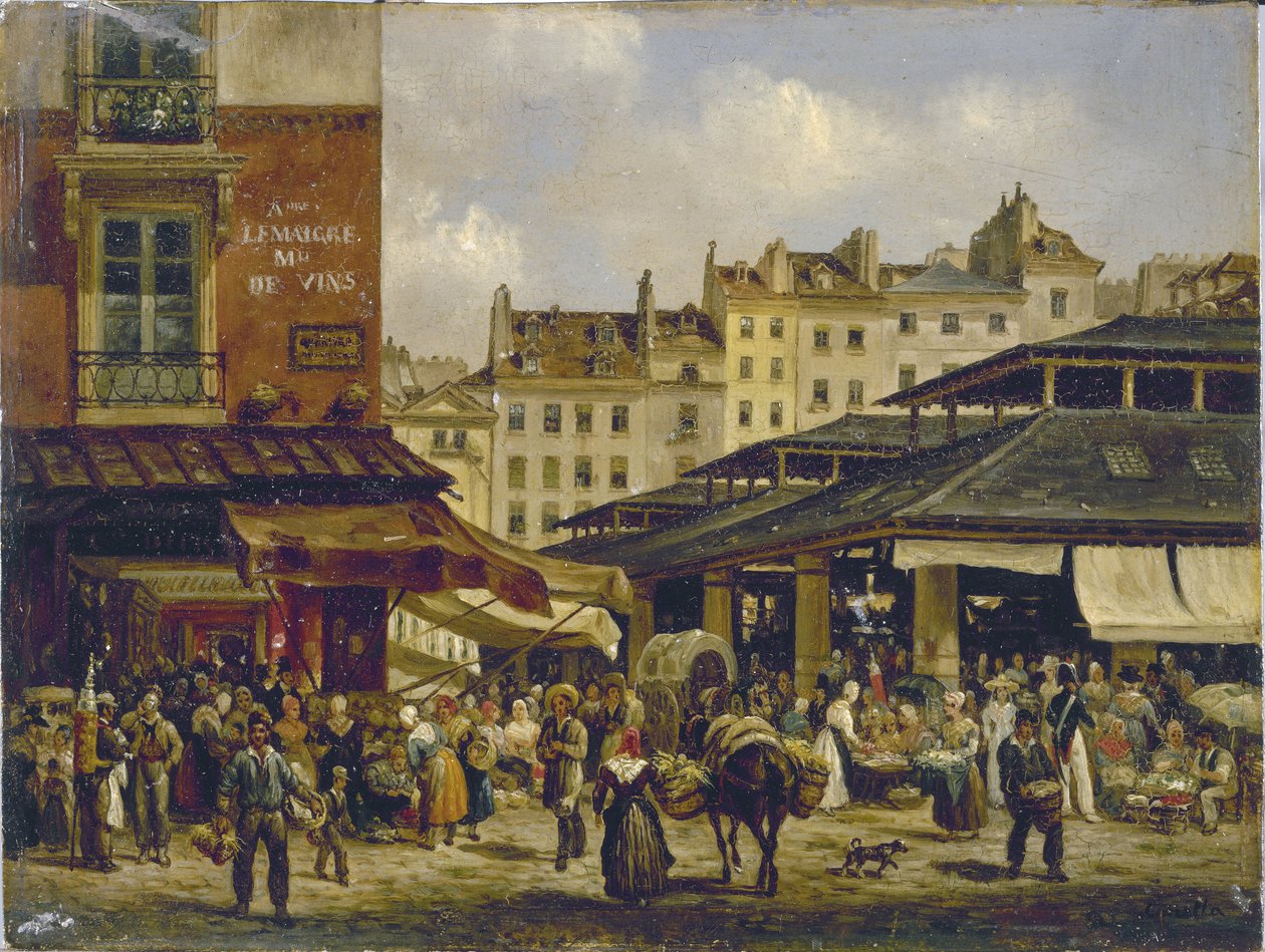Les Halles ve Rue de la Tonnellerie, 1828 dolayları (tuval üzerine yağlıboya) by Giuseppe Canella