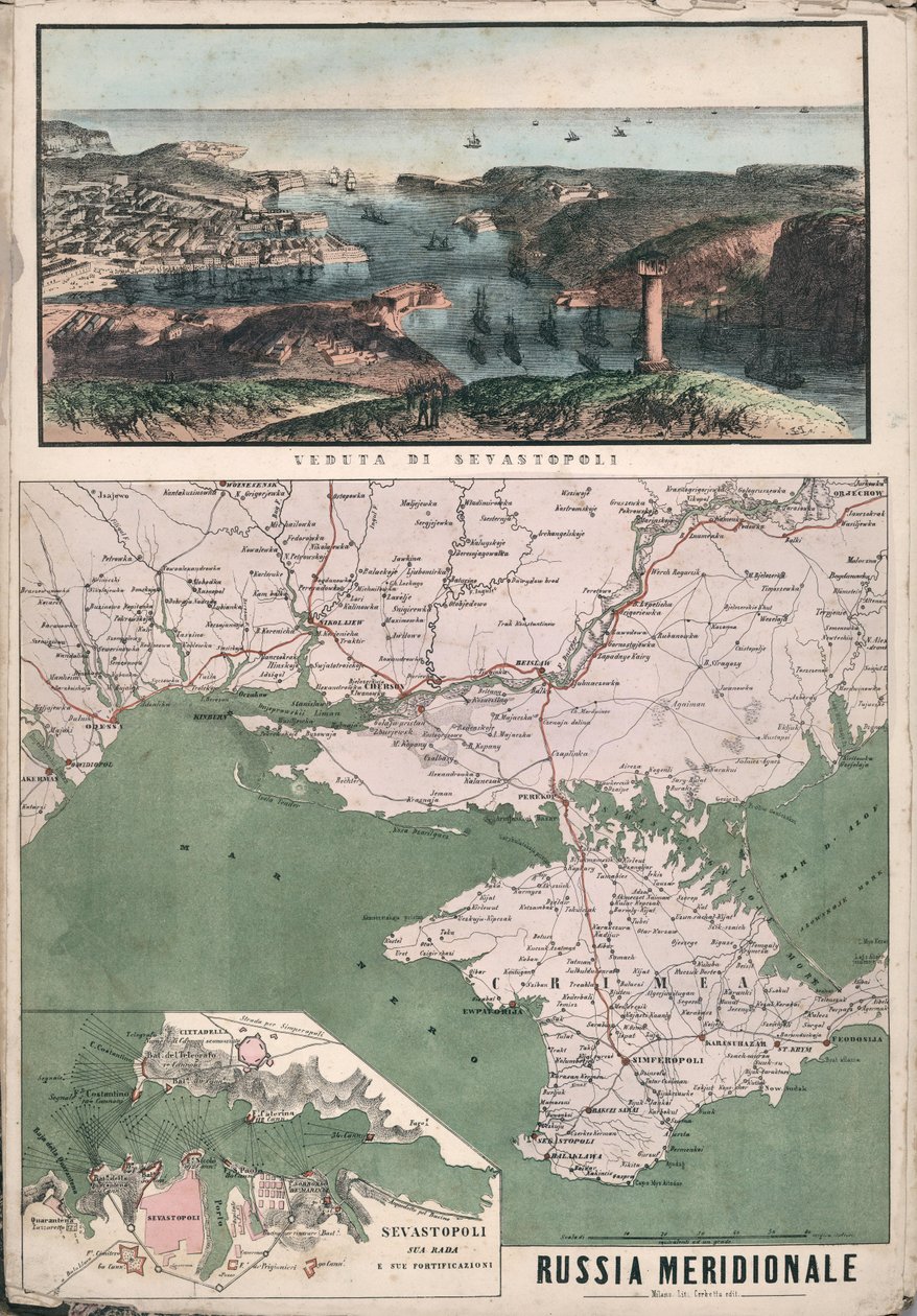 Sivastopol Körfezi ve tahkimatı manzaralı güney Rusya haritası, 1853. by Giuseppe Civelli