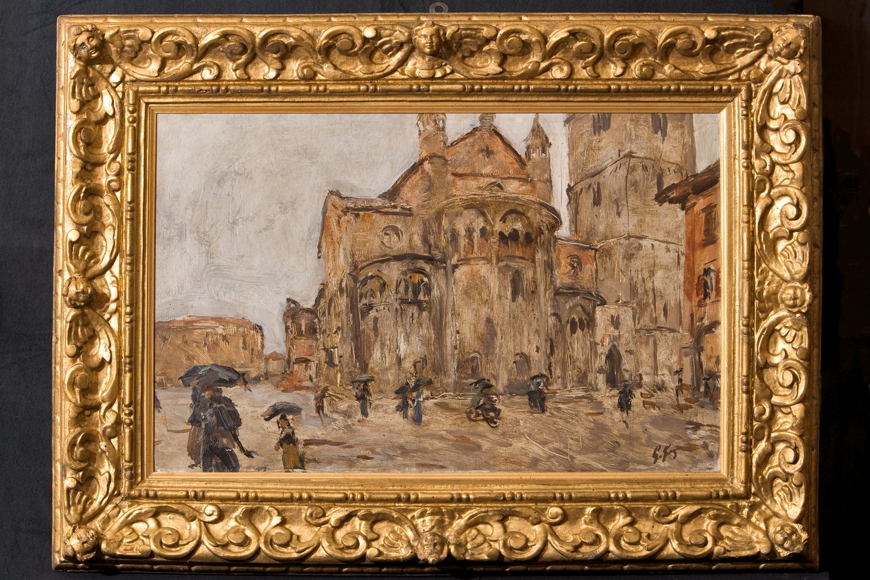 Yağmurda Piazza Grande (kontrplak üzerine yağ) by Giuseppe Graziosi