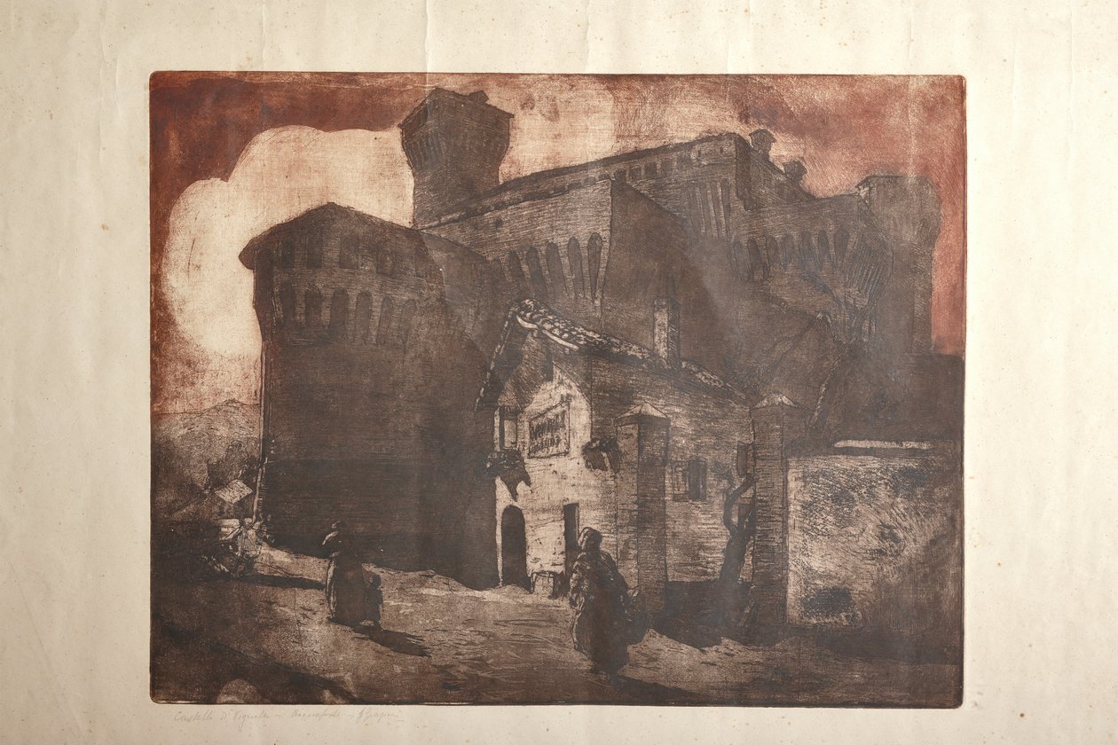 Vignola Kalesi (kağıt, plaka üzerine gravür ve su boyama) by Giuseppe Graziosi