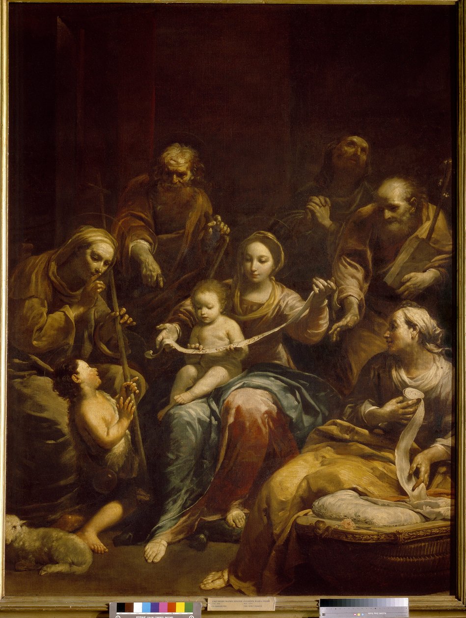 Kutsal Aile (Kutsal Aile). Meryem ve İsa çocuğu, resmin merkezinde, Yusuf, Aziz Elisabeth ve Vaftizci Yahya ile çevrilidir. Giuseppe Maria Crespi