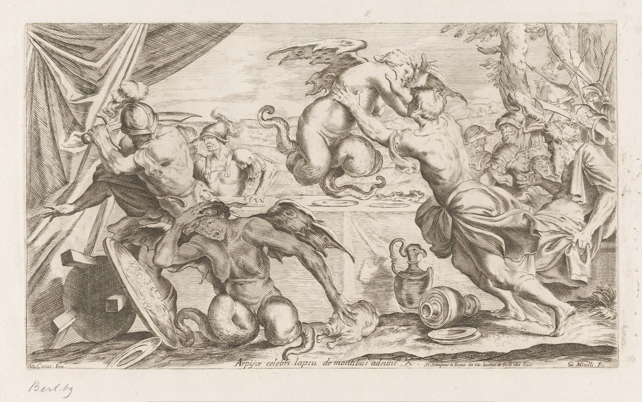 Aeneas ve arkadaşları Harpilerle savaşır Arpijae celebri lapsu de montibus adsunt (nesnedeki başlık) Aeneas