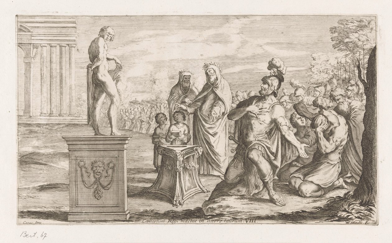 Aeneas bir Apollo sunar Celicol sahilde kral boğayı öldürür (nesnedeki başlık) Omzwervingen van Aeneas (dizi adı) Tanrı Caracci