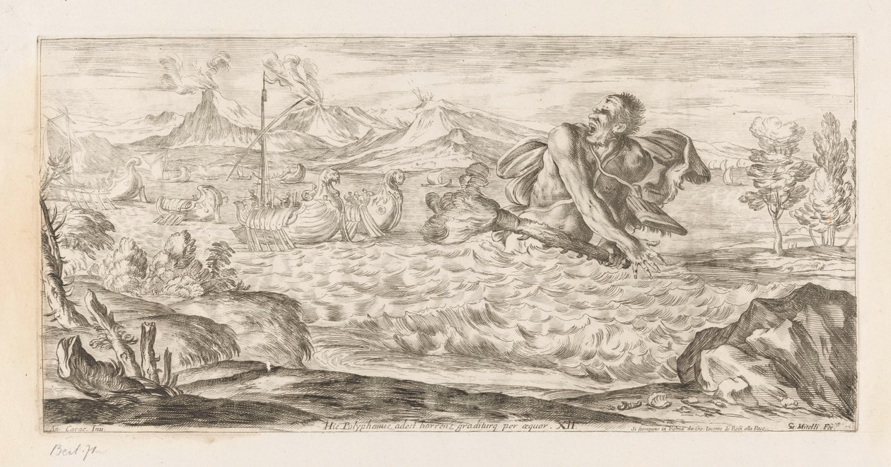 Polyphemus achtervolgt de vloot van Aeneas Burada Polyphemus var, titriyor ve denizde yürüyor (nesnedeki başlık) Omzwervingen van Aeneas (dizi adı) L