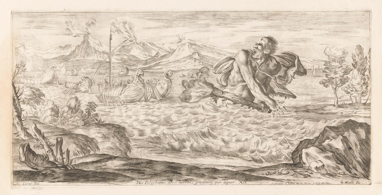 Polyphemus achtervolgt de vloot van Aeneas Burada Polyphemus mevcut, korkunç, ovada ilerliyor (nesnedeki başlık) Omzwervingen van Aeneas (dizi adı) Caracci tarafından L