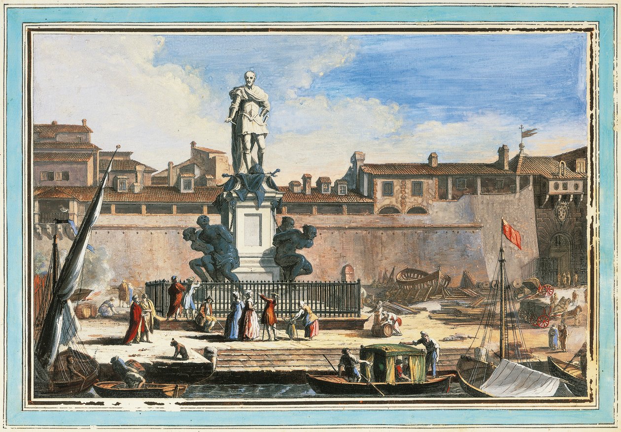 Livorno görünümü: Quattro Mori anıtı (Dört Moors), Giuseppe Maria Terreni tarafından, illüstrasyon by Giuseppe Maria Terreni