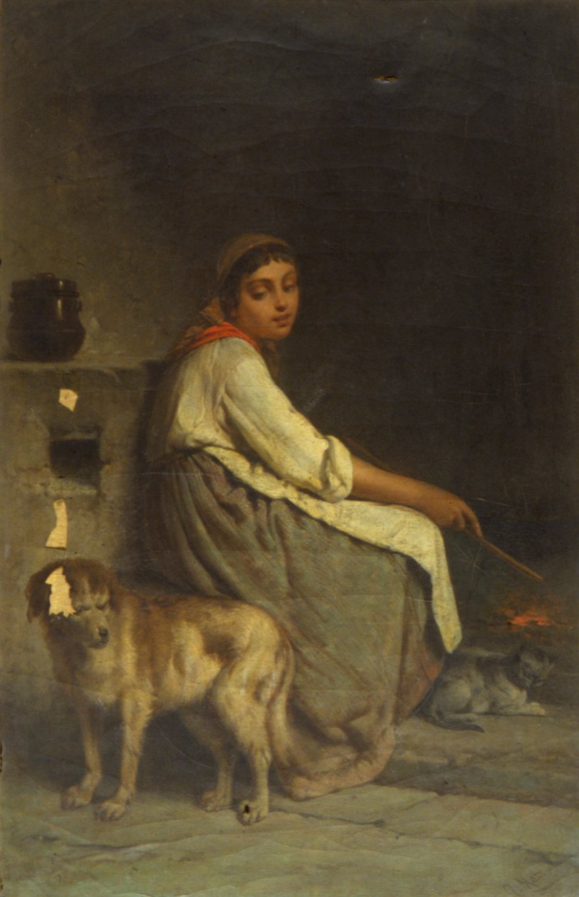 Şöminenin yanında köpek ve kedi olan kadın by Giuseppe Mazza