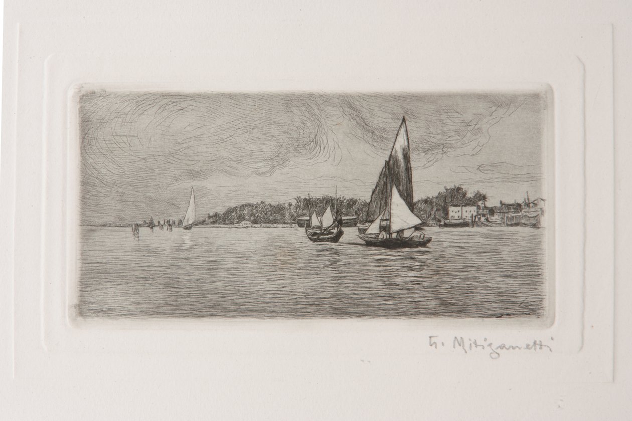Lagündeki Tekneler (beyaz kağıt üzerine gravür) by Giuseppe Miti Zanetti